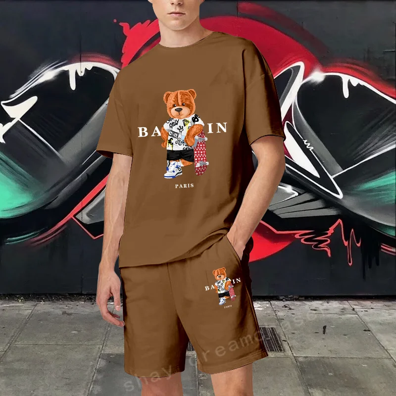 Парижская мужская Роскошная хлопковая футболка с рисунком Медведя, шорты, Дизайнерская одежда Унисекс, качественные летние короткие комплекты, модные костюмы Изображение 5