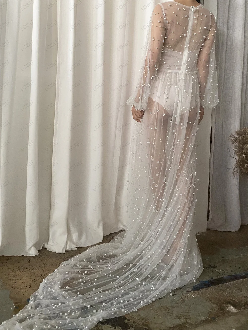 Элегантное Свадебное платье LO & LI с жемчугом цвета слоновой кости Kinimo, Пышные рукава Невесты, Роскошный Длинный тюлевый халат, Свадебный ночной халат Изображение 5